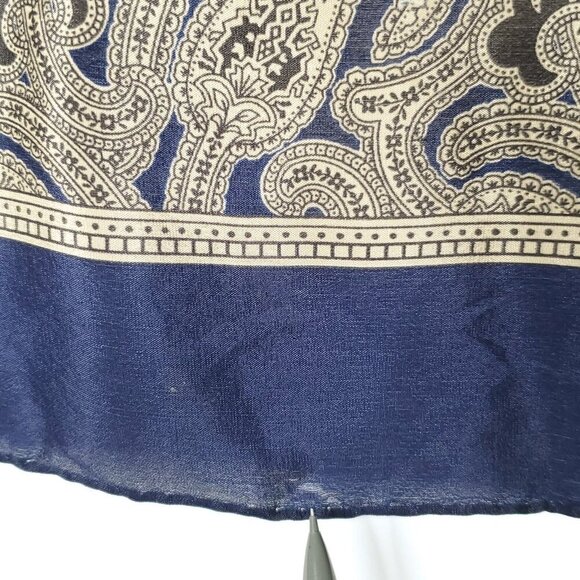 Vintage Club Echo Silk Paisley Scarf Square Navy Blue Tan Black Rolled Edges - Picture 3 of 4